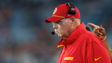 Aug 10, 2024; Jacksonville, Florida, USA; Kansas City Chiefs head coach Andy Reid (red hat) looks on during the third quarter against the Jacksonville Jaguars at EverBank Stadium. 