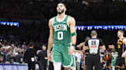 Jan 5, 2025; Oklahoma City, Oklahoma, USA; Boston Celtics forward Jayson Tatum (0) walks off the court after his team lost to the Oklahoma City Thunder at Paycom Center. Mandatory Credit: Alonzo Adams-Imagn Images
