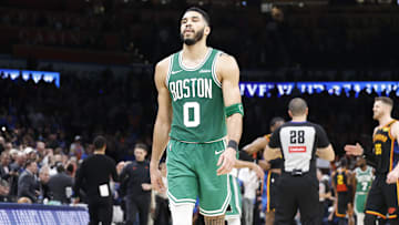 Jan 5, 2025; Oklahoma City, Oklahoma, USA; Boston Celtics forward Jayson Tatum (0) walks off the court after his team lost to the Oklahoma City Thunder at Paycom Center. Mandatory Credit: Alonzo Adams-Imagn Images
