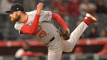 May 13, 2024; Anaheim, California, USA;   St. Louis Cardinals relief pitcher Nick Robertson (29) throws a scoreless ninth inning against the Los Angeles Angels at Angel Stadium. Mandatory Credit: Jayne Kamin-Oncea-Imagn Images