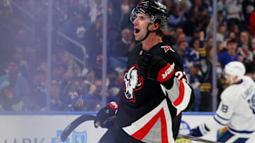 Oct 24, 2025; Buffalo, New York, USA;  Buffalo Sabres defenseman Mattias Samuelsson (23) reacts after scoring his second goal of the game during the second period against the Toronto Maple Leafs at KeyBank Center. Mandatory Credit: Timothy T. Ludwig-Imagn Images