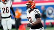 Cincinnati Bengals defensive tackle McKinnley Jackson celebrates after the New York Giants missed a field goal.