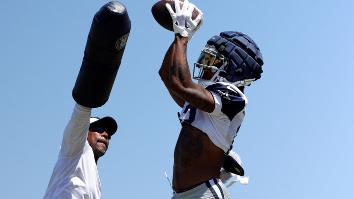 Jul 31, 2024; Oxnard, CA, USA; Dallas Cowboys wide receiver Tyron Billy-Johnson (13) makes a catch during training camp at the River Ridge Playing Fields in Oxnard, California.  