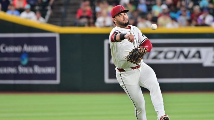 Jul 31, 2024; Phoenix, Arizona, USA;  Arizona Diamondbacks third base Eugenio Suarez (28) throws to first base against the Washington Nationals in the first inning at Chase Field. Mandatory Credit: Matt Kartozian-USA TODAY Sports