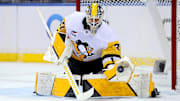 Oct 7, 2025; New York, New York, USA; Pittsburgh Penguins goaltender Arturs Silovs (37) makes a save against the New York Rangers during the first period at Madison Square Garden. Mandatory Credit: Brad Penner-Imagn Images