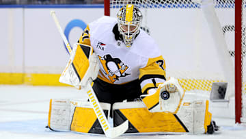 Oct 7, 2025; New York, New York, USA; Pittsburgh Penguins goaltender Arturs Silovs (37) makes a save against the New York Rangers during the first period at Madison Square Garden. Mandatory Credit: Brad Penner-Imagn Images