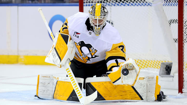 Oct 7, 2025; New York, New York, USA; Pittsburgh Penguins goaltender Arturs Silovs (37) makes a save against the New York Rangers during the first period at Madison Square Garden. Mandatory Credit: Brad Penner-Imagn Images