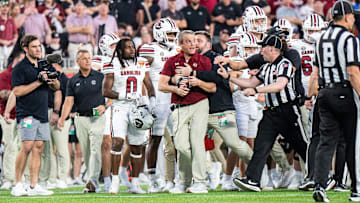 Dec 31, 2024; Orlando, FL, USA; South Carolina Gamecocks head coach Shane Beamer reacts to the Illinois Fighting Illini in the third quarter at Camping World Stadium. Mandatory Credit: Jeremy Reper-Imagn Images