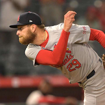 May 13, 2024; Anaheim, California, USA;   St. Louis Cardinals relief pitcher Nick Robertson (29) throws a scoreless ninth inning against the Los Angeles Angels at Angel Stadium.