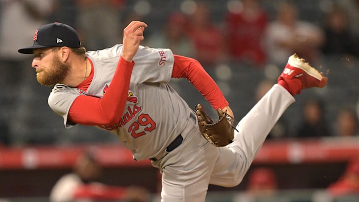 May 13, 2024; Anaheim, California, USA;   St. Louis Cardinals relief pitcher Nick Robertson (29) throws a scoreless ninth inning against the Los Angeles Angels at Angel Stadium.