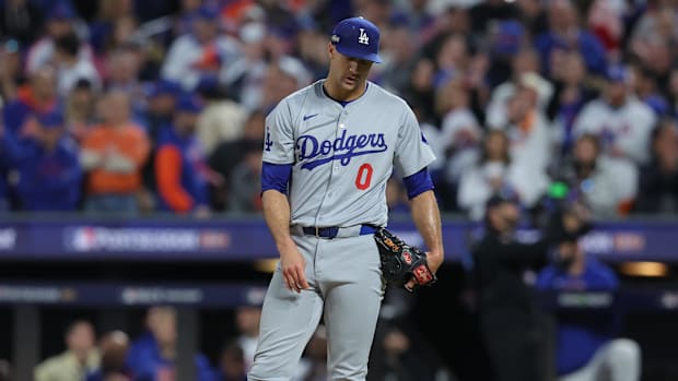 Los Angeles Dodgers pitcher Jack Flaherty (0) reacts after the final out in in the third inning of Game 5.