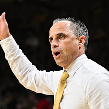 Nov 7, 2025; Iowa City, Iowa, USA; Iowa Hawkeyes head coach Ben McCollum reacts during the first half against the Western Illinois Leathernecks at Carver-Hawkeye Arena. Mandatory Credit: Jeffrey Becker-Imagn Images