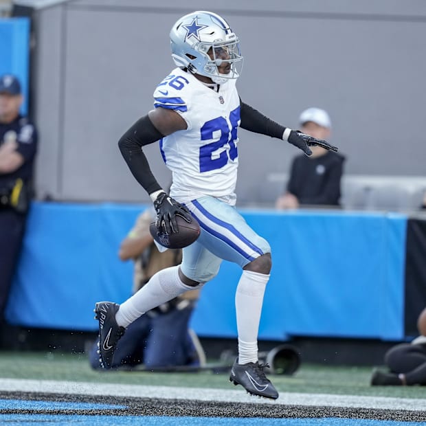 Dallas Cowboys cornerback DaRon Bland celebrates his score in the end zone against the Carolina Panthers