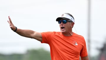 Aug 5, 2024; Cleveland Browns defensive coordinator Jim Schwartz during practice at the Browns training facility in Berea, Ohio. Mandatory Credit: Bob Donnan-USA TODAY Sports