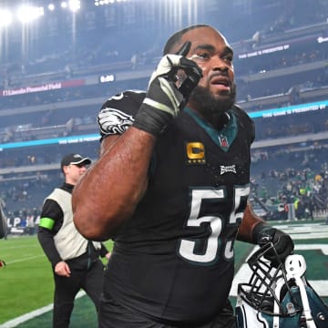 Dec 25, 2023; Philadelphia, Pennsylvania, USA; Philadelphia Eagles defensive end Brandon Graham (55) runs off the field after win against the New York Giants at Lincoln Financial Field. Mandatory Credit: Eric Hartline-USA TODAY Sports