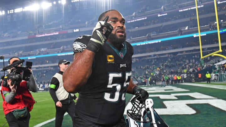 Dec 25, 2023; Philadelphia, Pennsylvania, USA; Philadelphia Eagles defensive end Brandon Graham (55) runs off the field after win against the New York Giants at Lincoln Financial Field. Mandatory Credit: Eric Hartline-USA TODAY Sports