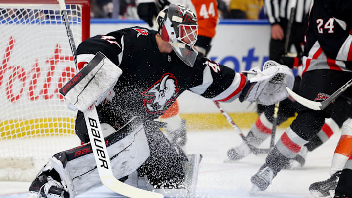 Apr 17, 2025; Buffalo, New York, USA;  Buffalo Sabres goaltender James Reimer (47) looks to make a save during the first period against the Philadelphia Flyers at KeyBank Center. Mandatory Credit: Timothy T. Ludwig-Imagn Images
