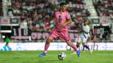 Jul 27, 2024; Ft. Lauderdale, Florida, USA; Inter Miami CF forward Luis Suarez (9) controls the ball against Puebla in the second half during the group stage of Leagues Cup at Chase Stadium. Mandatory Credit: Nathan Ray Seebeck-USA TODAY Sports