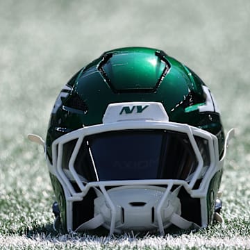 Sep 14, 2025; East Rutherford, New Jersey, USA; A New York Jets helmet sits on the field before the game against the Buffalo Bills at MetLife Stadium. Mandatory Credit: Vincent Carchietta-Imagn Images