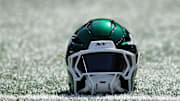 Sep 14, 2025; East Rutherford, New Jersey, USA; A New York Jets helmet sits on the field before the game against the Buffalo Bills at MetLife Stadium. Mandatory Credit: Vincent Carchietta-Imagn Images