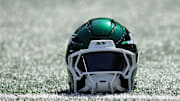 Sep 14, 2025; East Rutherford, New Jersey, USA; A New York Jets helmet sits on the field before the game against the Buffalo Bills at MetLife Stadium. Mandatory Credit: Vincent Carchietta-Imagn Images