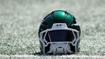 Sep 14, 2025; East Rutherford, New Jersey, USA; A New York Jets helmet sits on the field before the game against the Buffalo Bills at MetLife Stadium. Mandatory Credit: Vincent Carchietta-Imagn Images