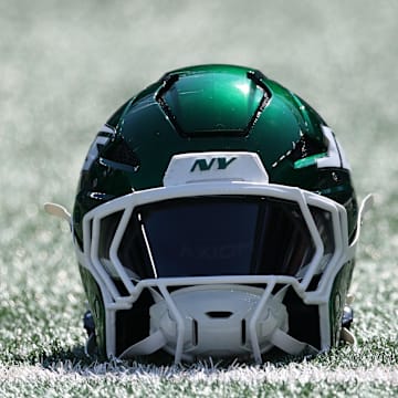 Sep 14, 2025; East Rutherford, New Jersey, USA; A New York Jets helmet sits on the field before the game against the Buffalo Bills at MetLife Stadium. Mandatory Credit: Vincent Carchietta-Imagn Images