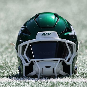 Sep 14, 2025; East Rutherford, New Jersey, USA; A New York Jets helmet sits on the field before the game against the Buffalo Bills at MetLife Stadium. Mandatory Credit: Vincent Carchietta-Imagn Images
