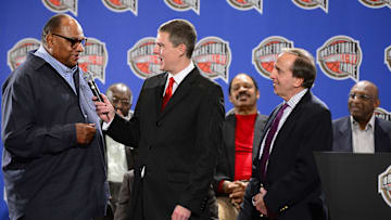 Rick Kamla (middle) announces George Raveling (left) as the winner of the John Bunn lifetime achievement award and Eddie Doncette (right) as winner of the Curt Gowdy media award for broadcasting during the 2013 basketball hall of fame finalists press conference at the Hilton Americas on Feb. 15, 2013.