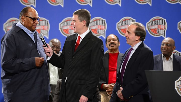 Rick Kamla (middle) announces George Raveling (left) as the winner of the John Bunn lifetime achievement award and Eddie Doncette (right) as winner of the Curt Gowdy media award for broadcasting during the 2013 basketball hall of fame finalists press conference at the Hilton Americas on Feb. 15, 2013.