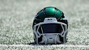 Sep 14, 2025; East Rutherford, New Jersey, USA; A New York Jets helmet sits on the field before the game against the Buffalo Bills at MetLife Stadium. Mandatory Credit: Vincent Carchietta-Imagn Images