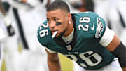 Jan 19, 2025; Philadelphia, Pennsylvania, USA; Philadelphia Eagles running back Saquon Barkley (26) warms up prior to the game against the Los Angeles Rams in a 2025 NFC divisional round game at Lincoln Financial Field. Mandatory Credit: Eric Hartline-Imagn Images