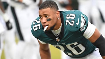 Jan 19, 2025; Philadelphia, Pennsylvania, USA; Philadelphia Eagles running back Saquon Barkley (26) warms up prior to the game against the Los Angeles Rams in a 2025 NFC divisional round game at Lincoln Financial Field. Mandatory Credit: Eric Hartline-Imagn Images