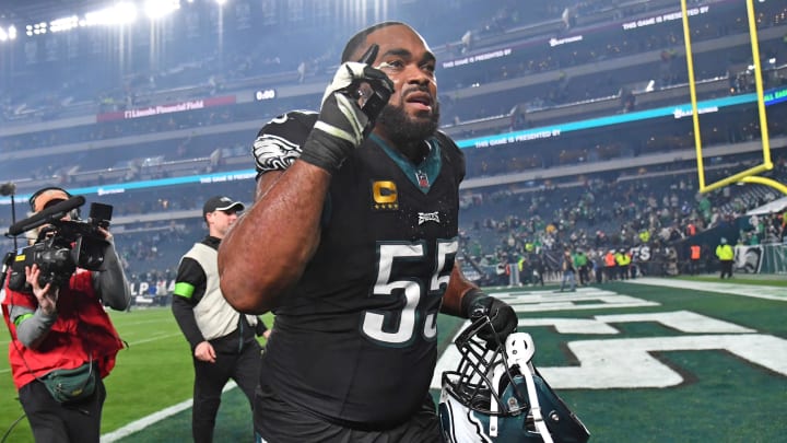 Dec 25, 2023; Philadelphia, Pennsylvania, USA; Philadelphia Eagles defensive end Brandon Graham (55) runs off the field after win against the New York Giants at Lincoln Financial Field. Mandatory Credit: Eric Hartline-USA TODAY Sports