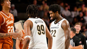 Vanderbilt Commodores forward Jaylen Carey (22) reacts after a basket plus one against the Texas Longhorns during the second half at Memorial Gymnasium. 