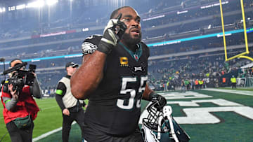 Dec 25, 2023; Philadelphia, Pennsylvania, USA; Philadelphia Eagles defensive end Brandon Graham (55) runs off the field after win against the New York Giants at Lincoln Financial Field. Mandatory Credit: Eric Hartline-Imagn Images