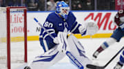 Mar 19, 2025; Toronto, Ontario, CAN; Toronto Maple Leafs goaltender Joseph Woll (60) defends the net against the Toronto Maple Leafs during the first period at Scotiabank Arena. Mandatory Credit: John E. Sokolowski-Imagn Images
