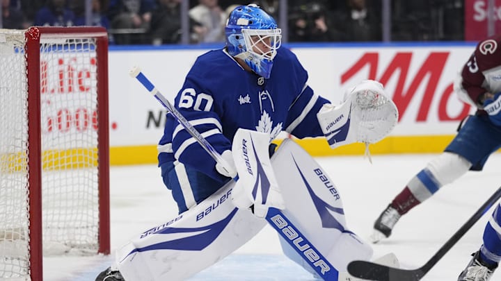 Mar 19, 2025; Toronto, Ontario, CAN; Toronto Maple Leafs goaltender Joseph Woll (60) defends the net against the Toronto Maple Leafs during the first period at Scotiabank Arena. Mandatory Credit: John E. Sokolowski-Imagn Images Mar 19, 2025; Toronto, Ontario, CAN; Toronto Maple Leafs goaltender Joseph Woll (60) defends the net against the Toronto Maple Leafs during the first period at Scotiabank Arena. Mandatory Credit: John E. Sokolowski-Imagn Images