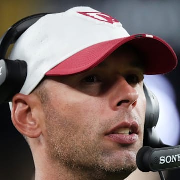 Arizona Cardinals head coach Jonathan Gannon watches from the sidelines as they play against the Las Vegas Raiders at State Farm Stadium in Glendale, on Aug. 23, 2025.