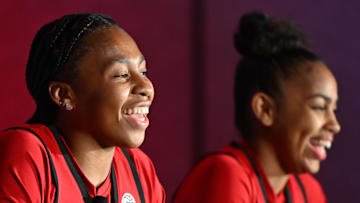 Oct 6, 2025; Charlotte, NC, USA; North Carolina State player Zoe Brooks answers questions from the media at The Hilton Charlotte Uptown. Mandatory Credit: William Howard-Imagn Images