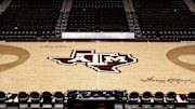Nov 6, 2025; College Station, Texas, USA; A detailed view of Texas A&M Aggies logo on the floor at Reed Arena prior to the game against the Texas Southern Tigers. Mandatory Credit: Maria Lysaker-Imagn Images 