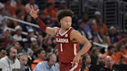 Mar 28, 2024; Los Angeles, CA, USA; Alabama Crimson Tide guard Mark Sears (1) reacts in the first half against the North Carolina Tar Heels in the semifinals of the West Regional of the 2024 NCAA Tournament at Crypto.com Arena.