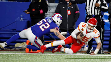 Kansas City Chiefs quarterback Patrick Mahomes (15) is tackled by Buffalo Bills linebacker A.J.