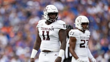 Sep 14, 2024; Gainesville, Florida, USA; Texas A&M Aggies defensive lineman Nic Scourton (11) looks toward the sideline against the Florida Gators during the first half at Ben Hill Griffin Stadium. Mandatory Credit: Matt Pendleton-Imagn Images
