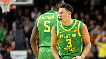 Oregon guard Jackson Shelstad celebrates a 3-pointer as the Oregon State Beavers host the Oregon Ducks Thursday, Nov. 21, 2024 at Gill Coliseum in Corvallis, Ore.