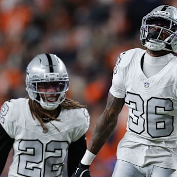 Nov 6, 2025; Denver, Colorado, USA; Las Vegas Raiders cornerback Kyu Blu Kelly (36) reacts after making an interception against the Denver Broncos during the first half at Empower Field at Mile High. Mandatory Credit: Isaiah J. Downing-Imagn Images