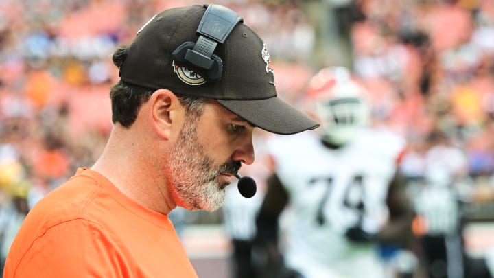 Aug 10, 2024; Cleveland, Ohio, USA; Cleveland Browns head coach Kevin Stefanski during the second half against the Green Bay Packers at Cleveland Browns Stadium. Mandatory Credit: Ken Blaze-USA TODAY Sports