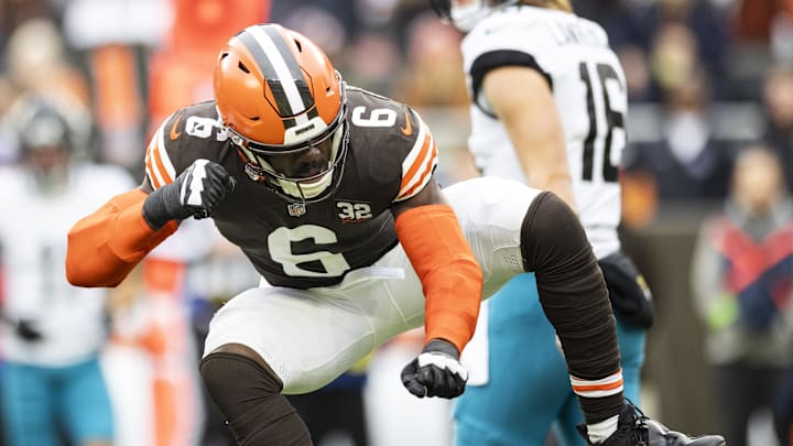 Dec 10, 2023; Cleveland, Ohio, USA; Cleveland Browns linebacker Jeremiah Owusu-Koramoah (6) celebrates a tackle against the Jacksonville Jaguars during the first quarter at Cleveland Browns Stadium. Mandatory Credit: Scott Galvin-Imagn Images