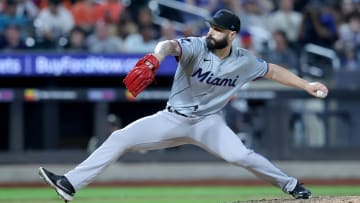 Jun 13, 2024; New York City, New York, USA; Miami Marlins relief pitcher Tanner Scott (66) pitches against the New York Mets during the ninth inning at Citi Field. Mandatory Credit: Brad Penner-USA TODAY Sports