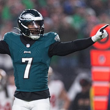 Dec 3, 2023; Philadelphia, Pennsylvania, USA; Philadelphia Eagles linebacker Haason Reddick (7) reacts after a defensive stop against the San Francisco 49ers during the first quarter at Lincoln Financial Field.